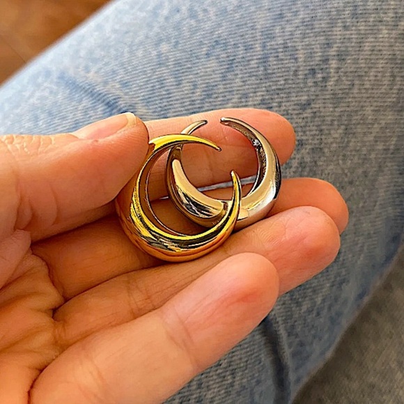 Sterling Silver Geometric Glossy Cuff Minimalist Statement Ring Set - Picture 6 of 12